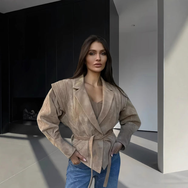 Damen schicke Wollblazerjacke mit Taillengürtel WW