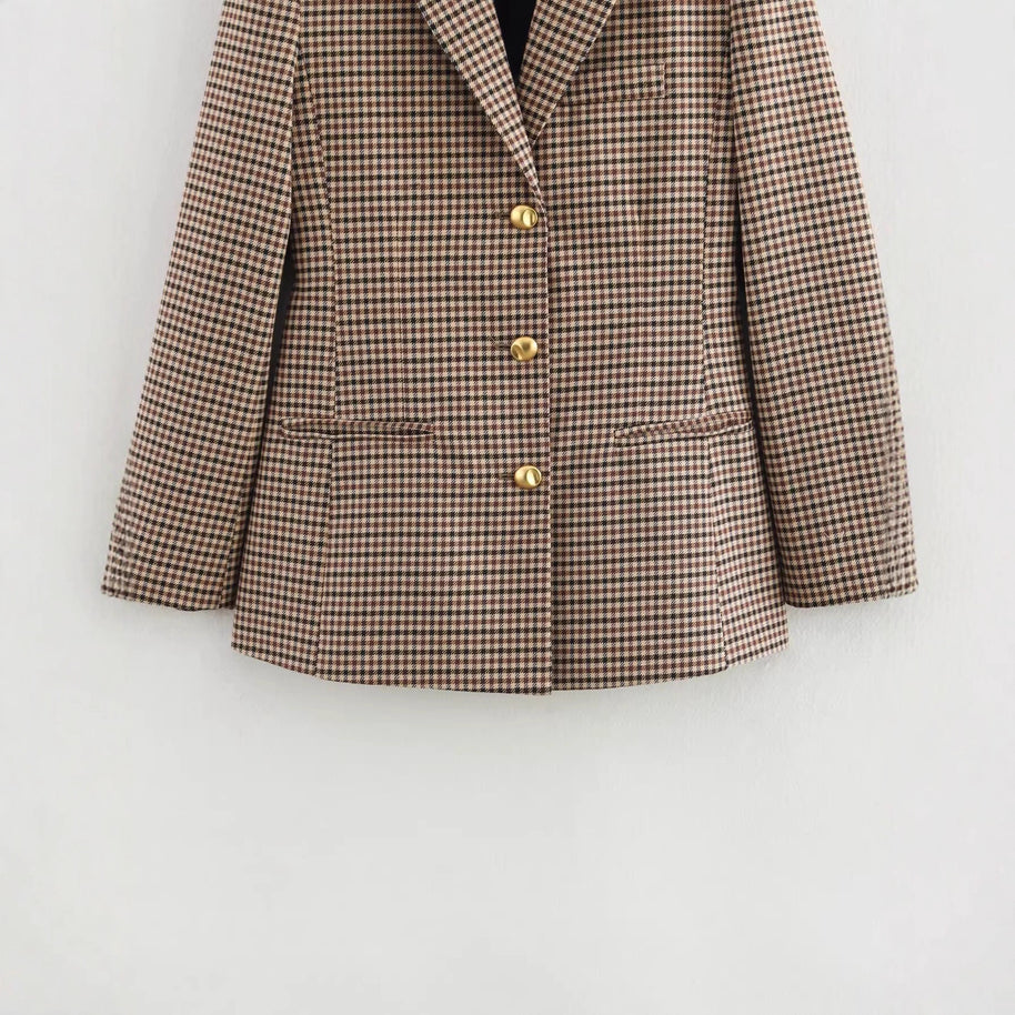 Damen Karierter Blazer mit goldenen Knopfdetails WW