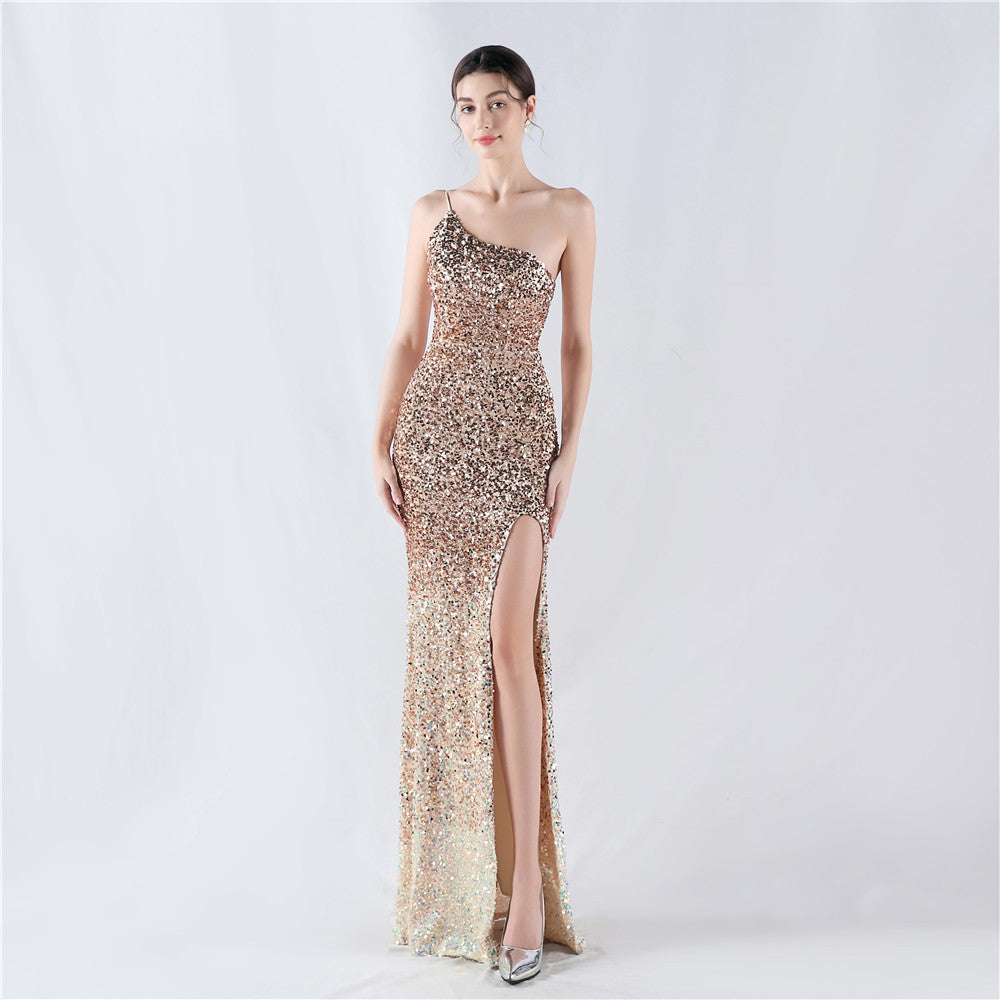 WW | Kleid Velvet Bund Gradient Paillette Hoch Gabel Schräge Schulter Sexy Kleid Abendkleid