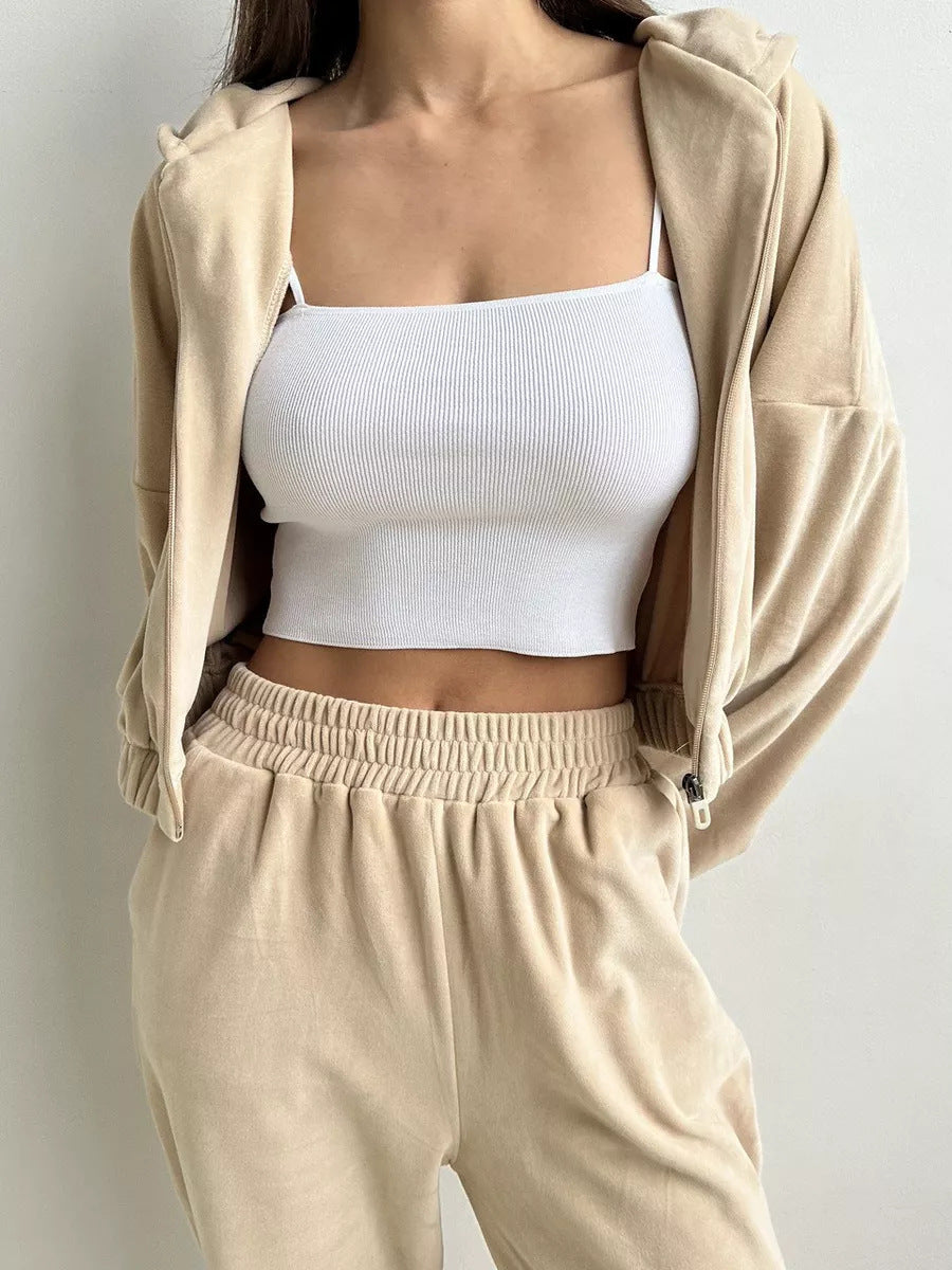 Damen sportlich-eleganter Fleece-Trainingsanzug mit hoher Taille und Reißverschluss WW