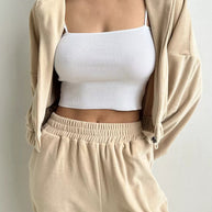 Damen sportlich-eleganter Fleece-Trainingsanzug mit hoher Taille und Reißverschluss WW