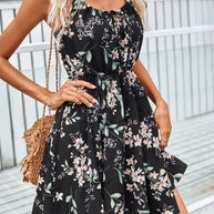 Damen Blumenkleid mit verstellbaren Spaghettiträgern und elastischem Taillenbund WW