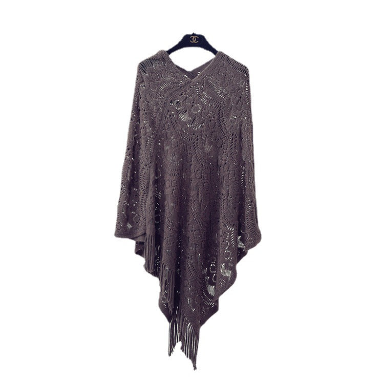 Damen Strickponcho mit fransigen Details und luftiger Lochstruktur WW