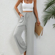 Damen elegante weite Hose aus leichtem Baumwollgemisch mit Gummizug WW