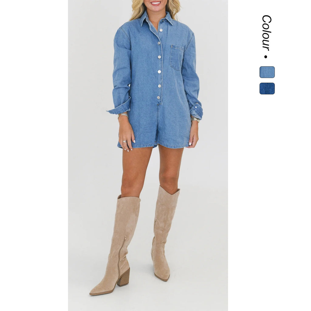 Damen Denim-Jumpsuit mit Knopfverschluss und Taschen WW