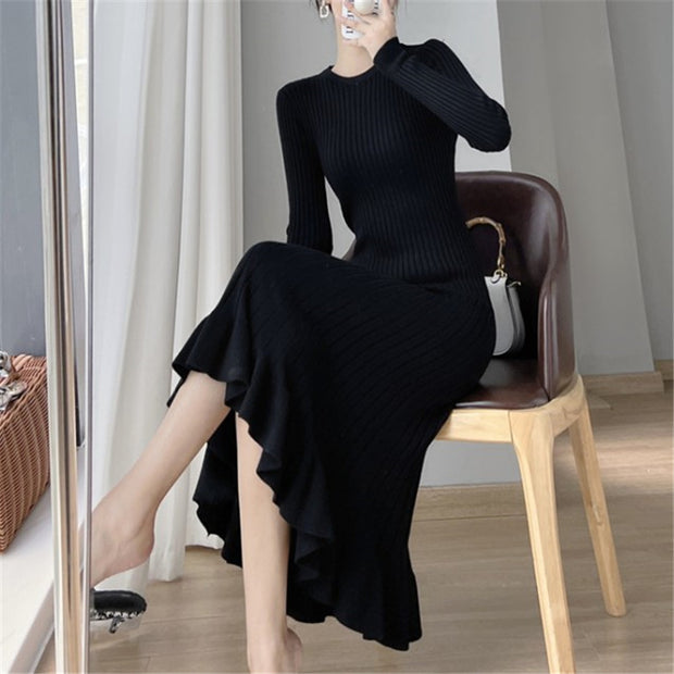 Damen Strickkleid mit eleganter Rippstruktur und fließendem Saum WW