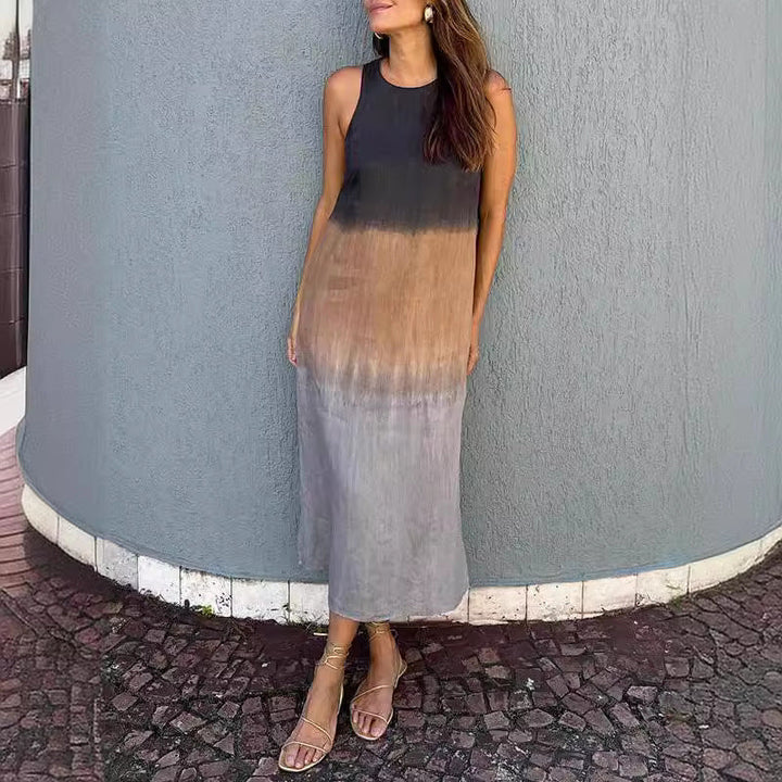 W&W Mode | Baumwolle Leinen Ärmelloses Schlitz Gradient Kleid