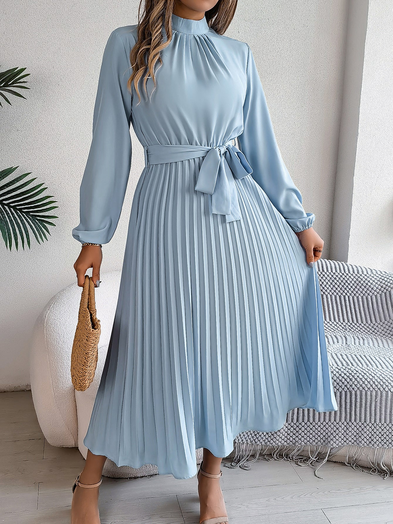 WW | Elegante Stehkragen Taillierter Plissierter Langer Rock kleines Kleid