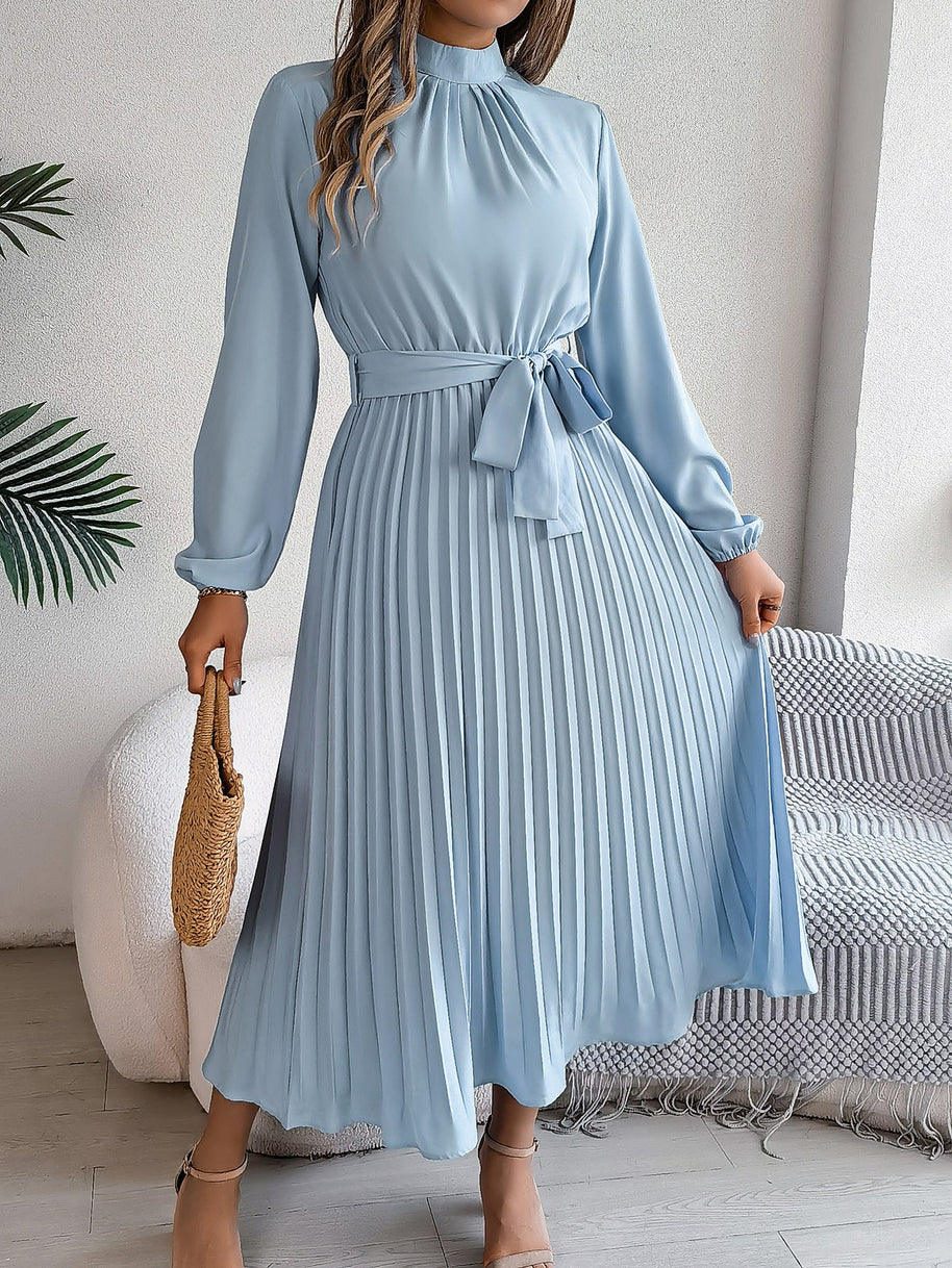 WW | Elegante Stehkragen Taillierter Plissierter Langer Rock kleines Kleid