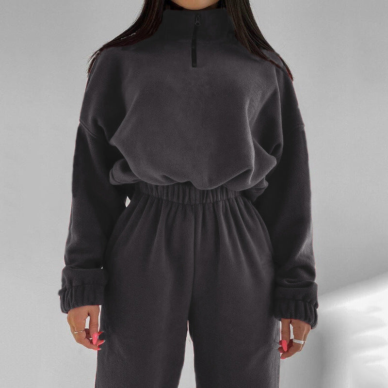 Damen bequeme Fleece-Loungejacke mit verkürztem Reißverschluss und elastischem Bund WW