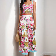 Damen Zweiteiliges Sommeroutfit mit floralem Bustier und schwingendem Rock WW
