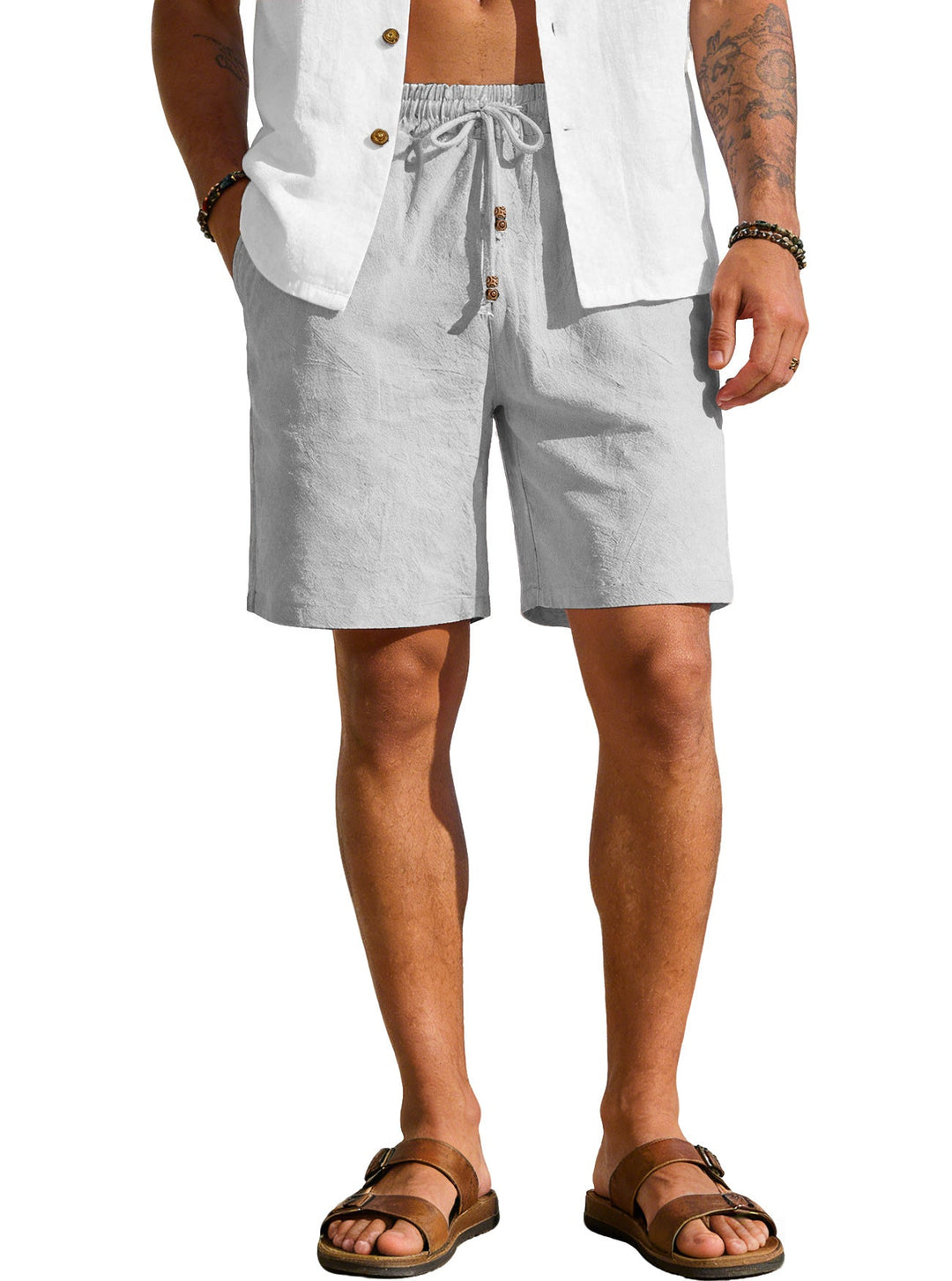 Herren nan leichte Strand-Bermuda aus Leinenmix mit Elastikbund Kordelzug und Zierknopfleiste W&W Mode