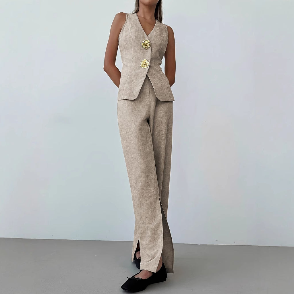 Damen elegantes Anzug-Set mit tailliertem Blazer und weit geschnittene Hose W&W