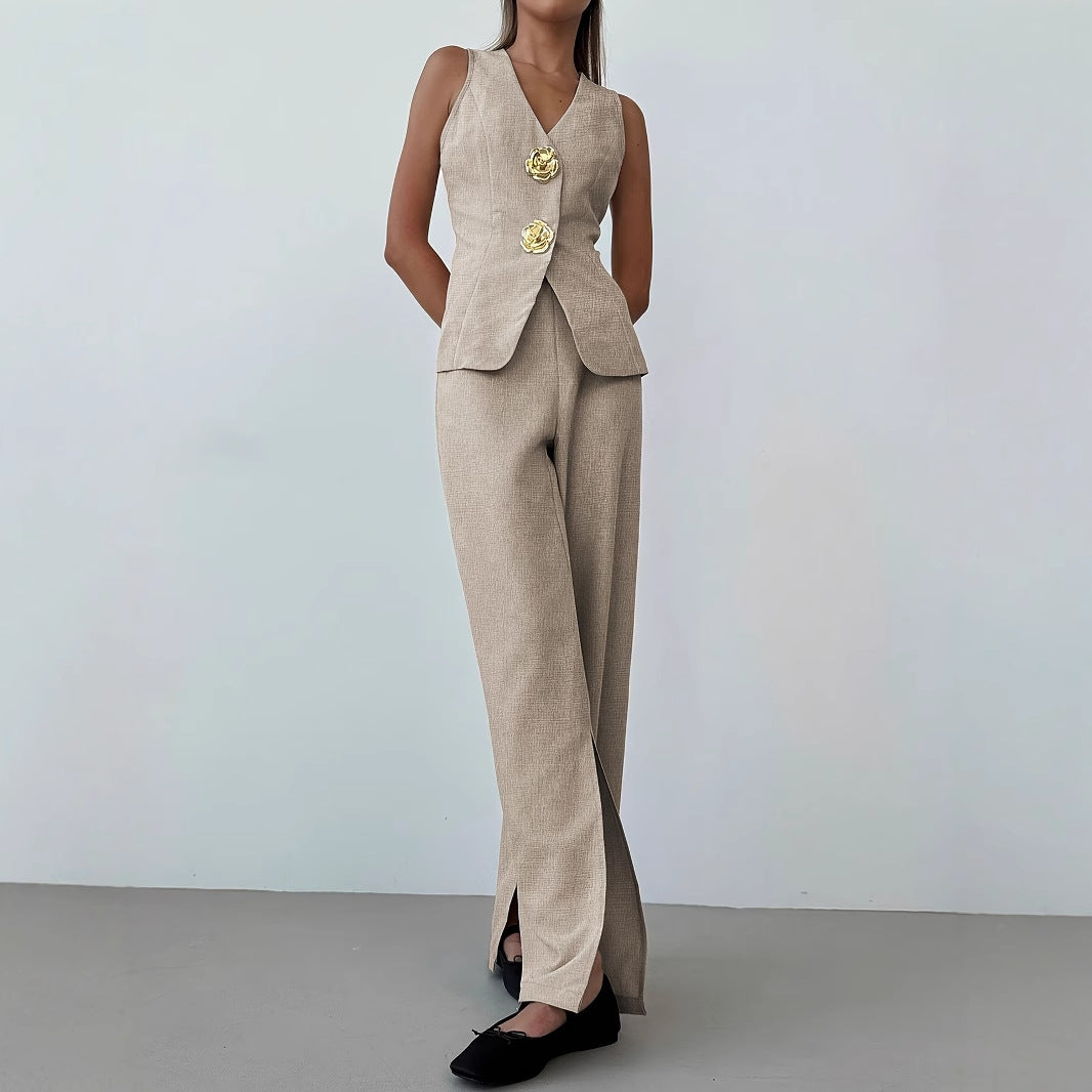 Damen elegantes Ensemble aus ärmellosem Blazer und weiten Hosen W&W