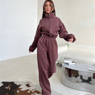 Damen sportliches Fleece-Set mit hohem Kragen und lockeren Hosen WW