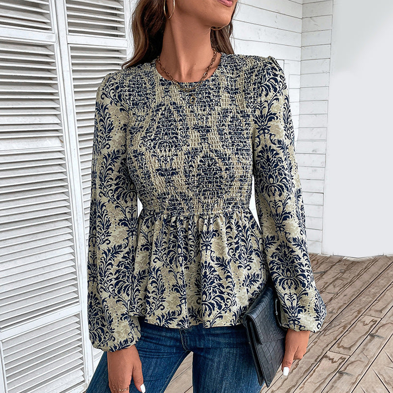 Damen Bluse mit eleganter Rüschennähten und floralem Muster WW