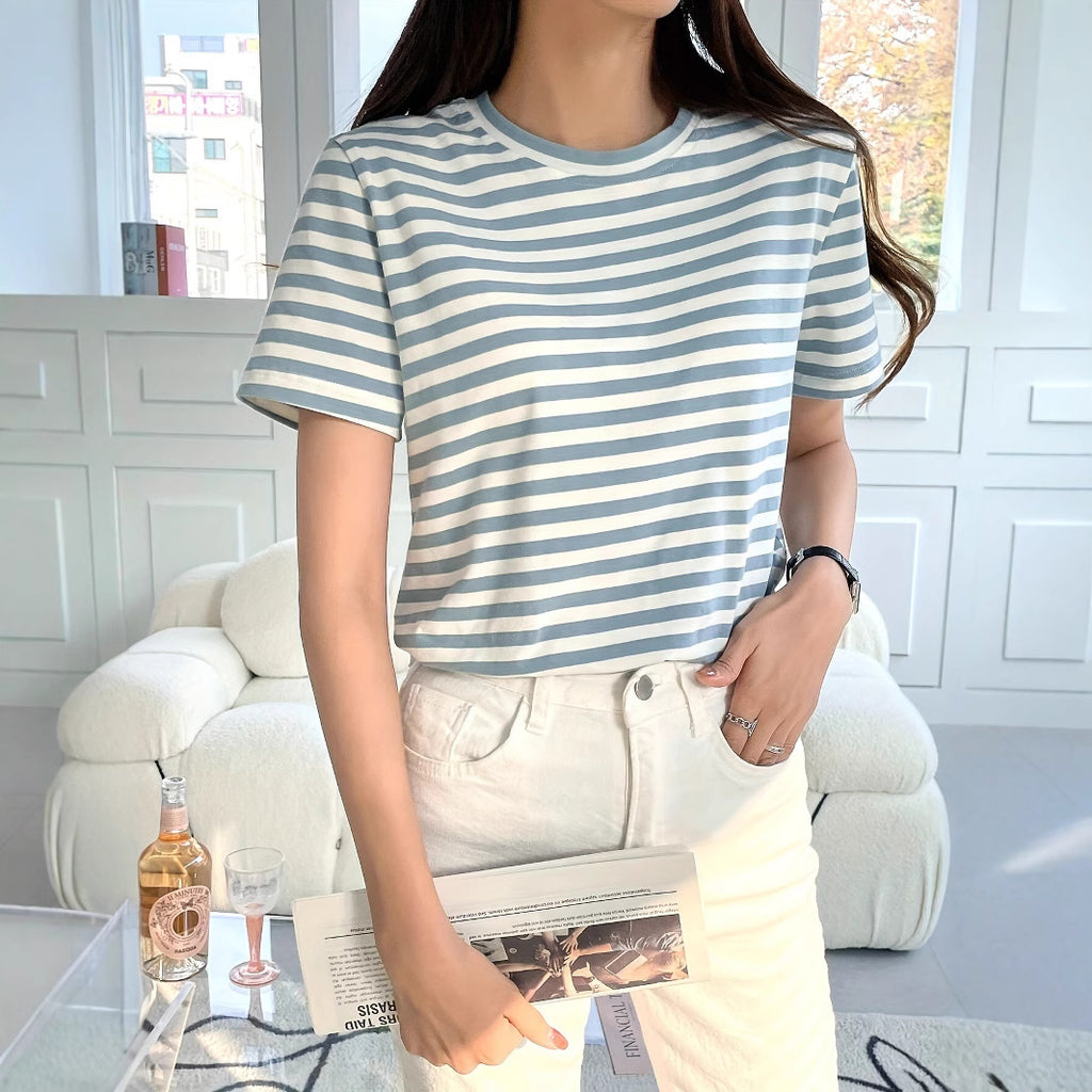 Damen gestreiftes T-Shirt aus Baumwolle mit Rundhalsausschnitt und kurzem Arm WW
