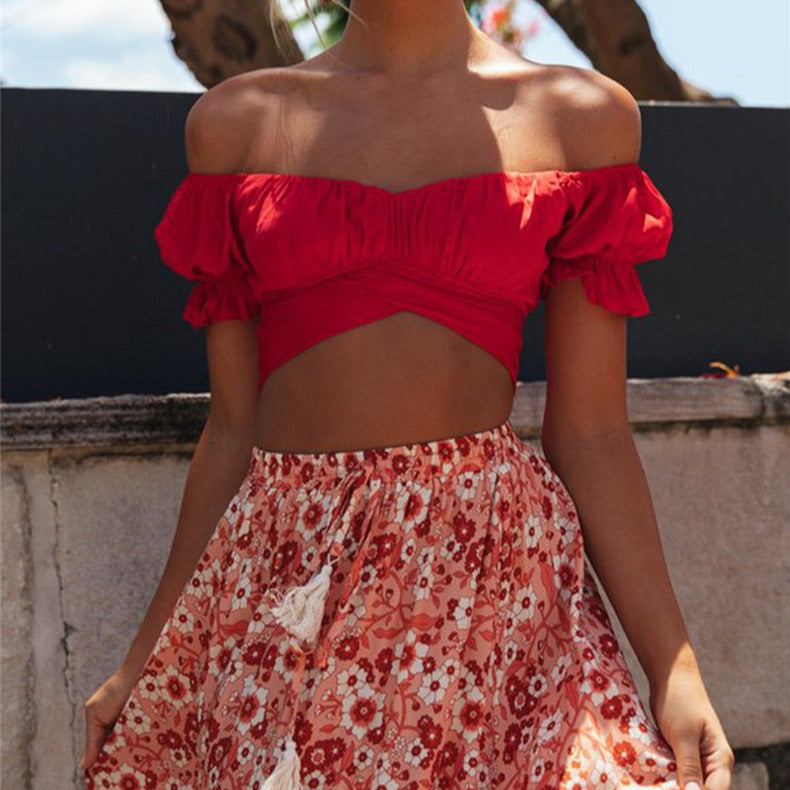 Damen Crop-Top mit fließenden Puffärmeln und knielangen Details WW