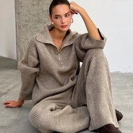 Damen Strick-Loungewear-Ensemble mit weitem Schnitt und hohem Kragen WW