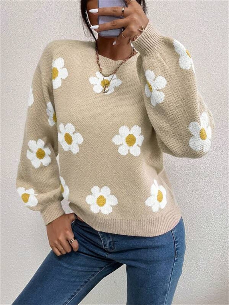 Damen Strickpullover mit verspieltem Blumenmuster und eleganten Puffärmeln WW