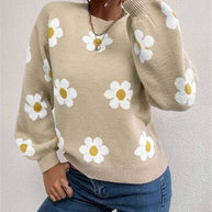 Damen Strickpullover mit verspieltem Blumenmuster und eleganten Puffärmeln WW