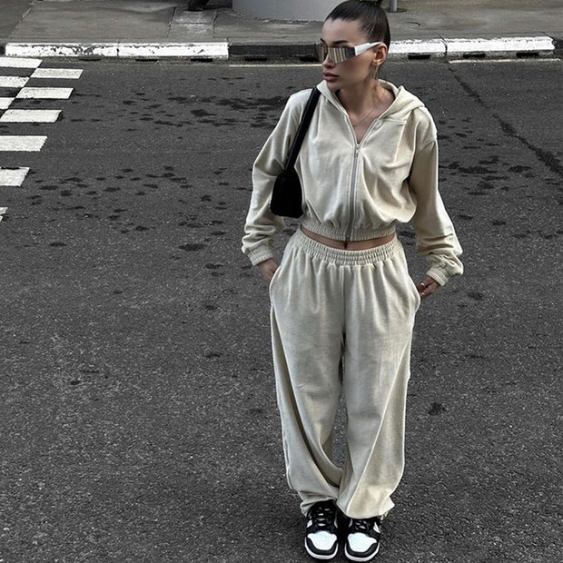 Damen sportliches Velours-Jogginganzug-Set mit lässigem Schnitt und praktischen Taschen WW