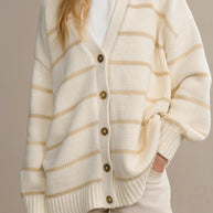 Damen Strickjacke mit breiten Streifen und Knopfverschluss WW