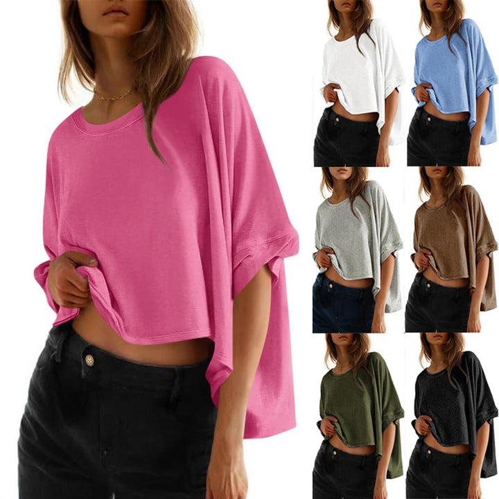 Damen lässiges cropped Oberteil mit weiten Ärmeln und Rundhalsausschnitt W&W Mode