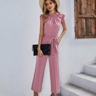 Damen eleganter Jumpsuit mit Rüschendetails und taillierbarem Gürtel WW