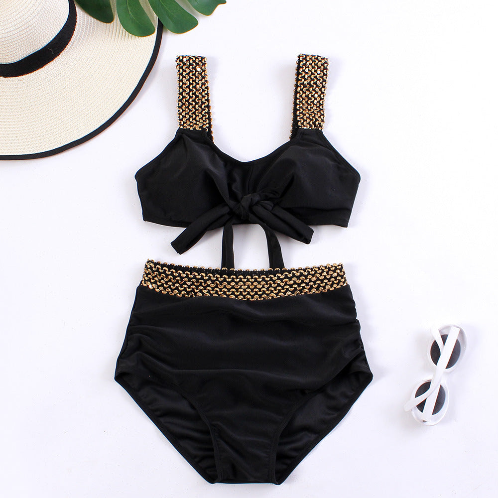Damen Hochgeschnittener Bikini mit verspieltem Knoten-Design und glamourösen Akzenten WW