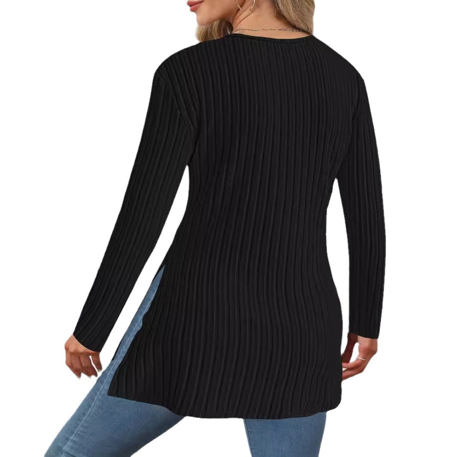 Damen elegantes Langarmshirt mit Wickeldesign und strukturierter Rippoptik WW