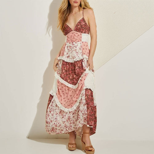 Damen Maxikleid mit zarten Rüschen und floralen Patchwork-Design W&W Mode