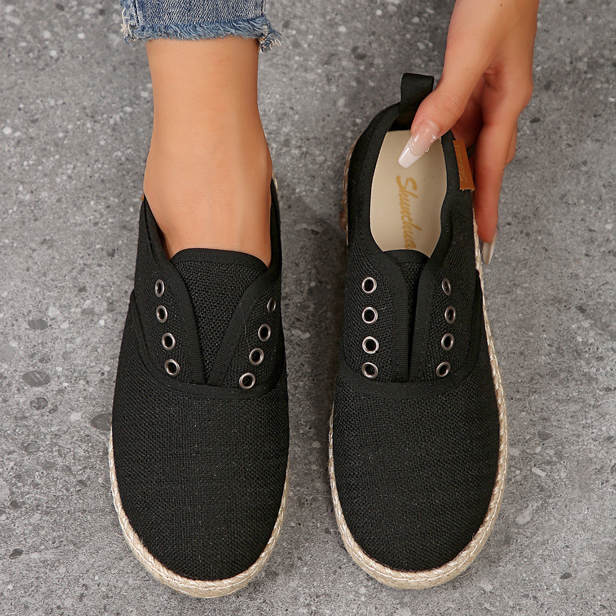 Damen Casual Espadrille Slip-Ons mit stylischem distressed Denim-Muster WW