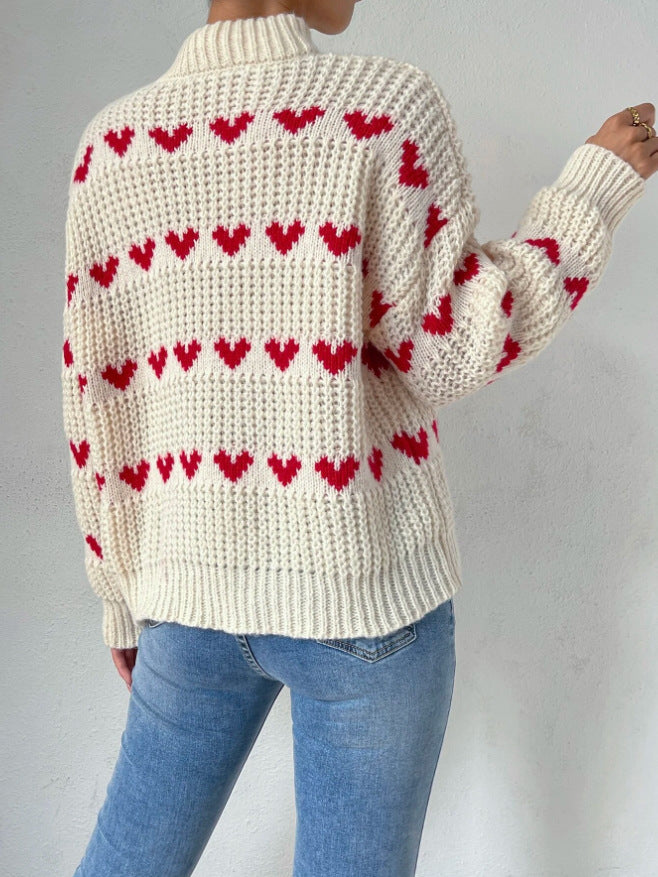 WW Halb Hochkragen Locker Passform Liebesherz Jacquard Strickpullover