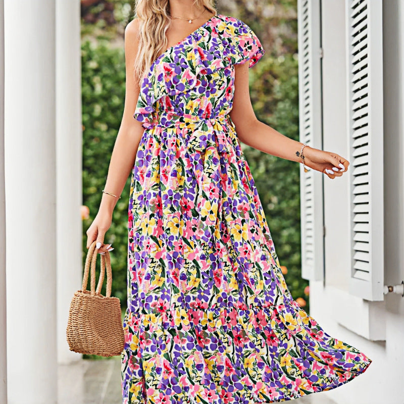 Damen Ein-Schulter Blumen Maxikleid mit Rüschen-Saum WW