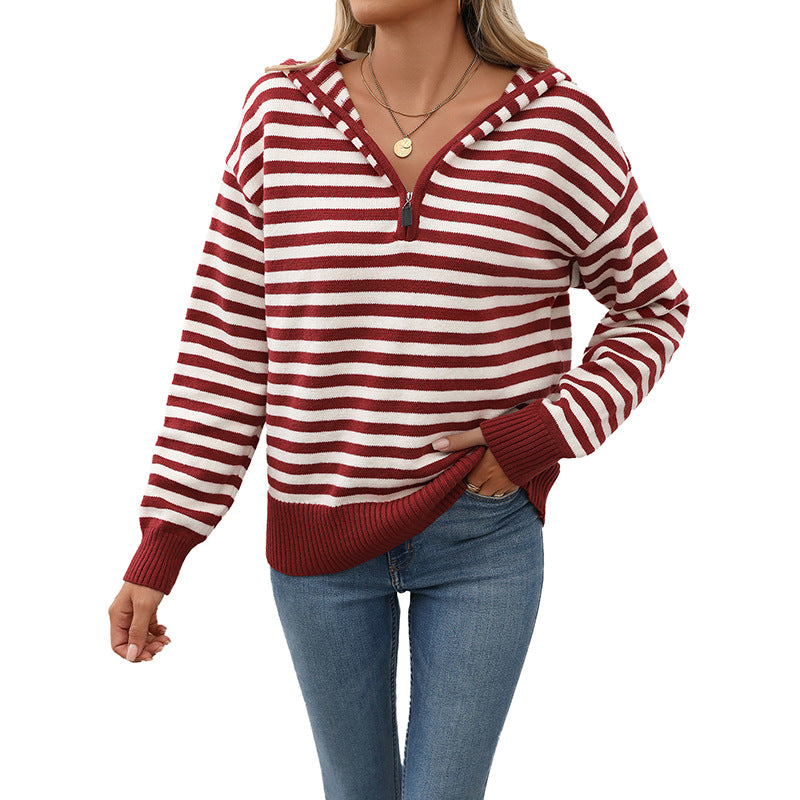 Damen gemütlicher Strickpullover mit modischem Reißverschluss und Streifenmuster WW