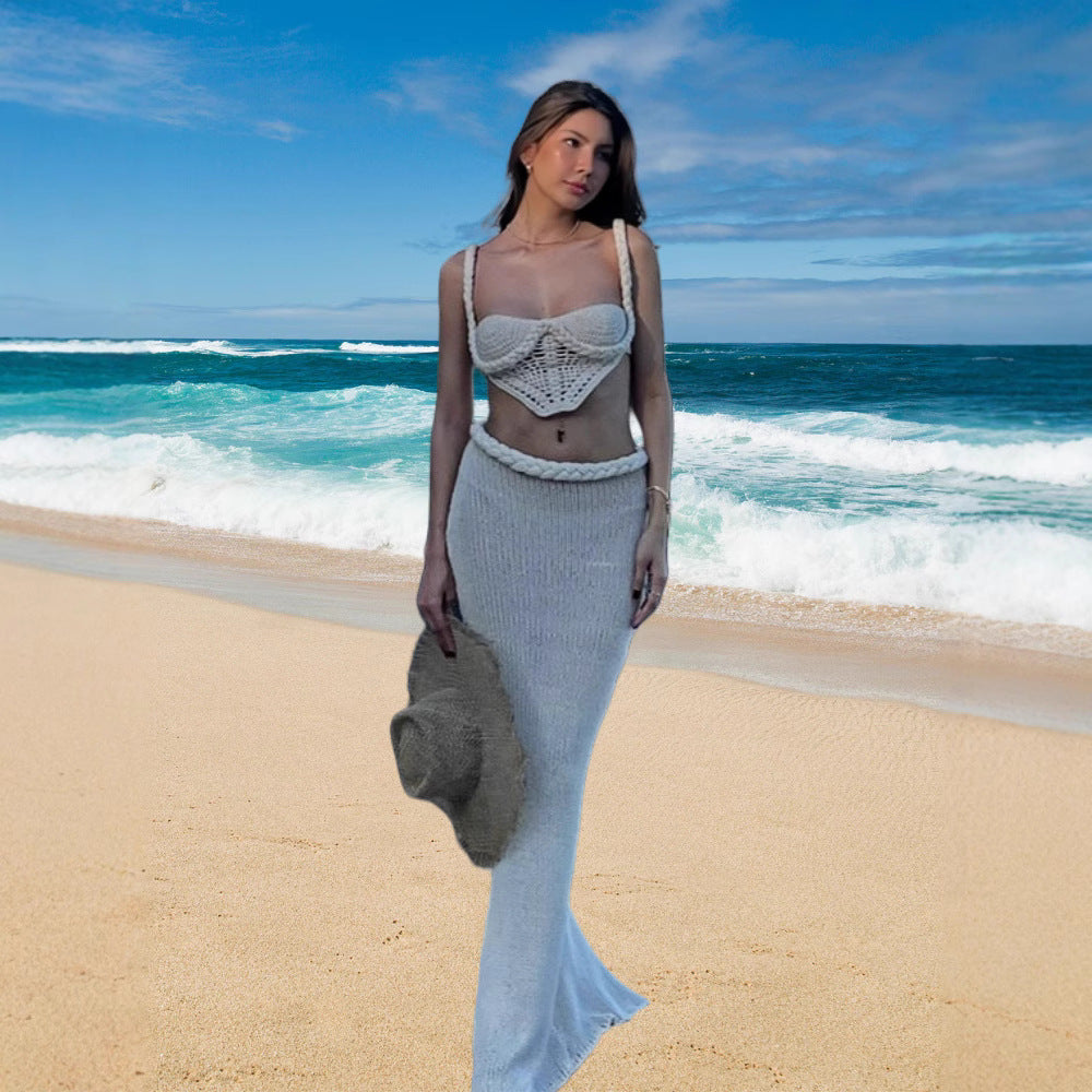 Damen Set aus gehäkeltem Crop-Top und Bleistiftrock WW