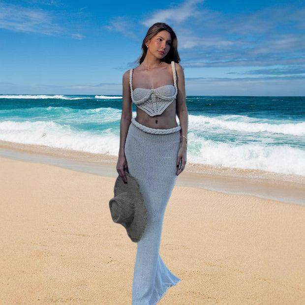 Damen Set aus gehäkeltem Crop-Top und Bleistiftrock WW