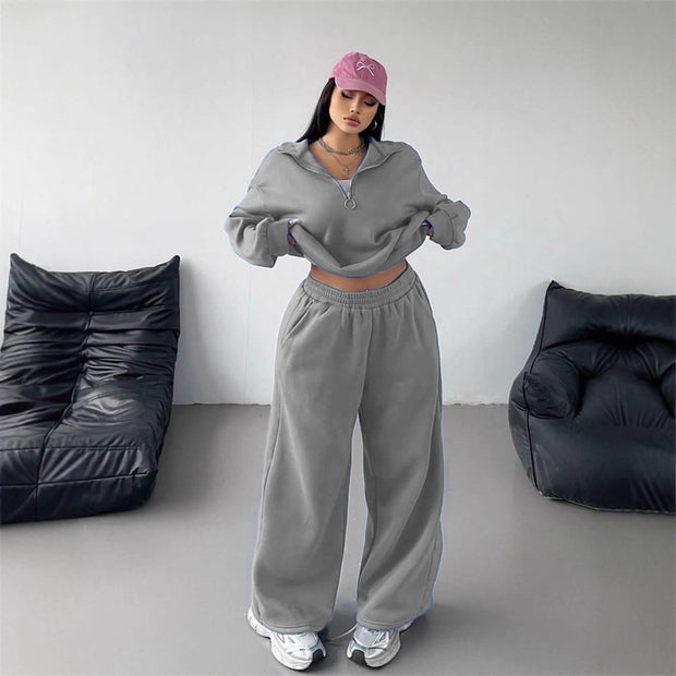 Damen Sportliches und lässiges Fleece-Set mit halbem Reißverschluss WW