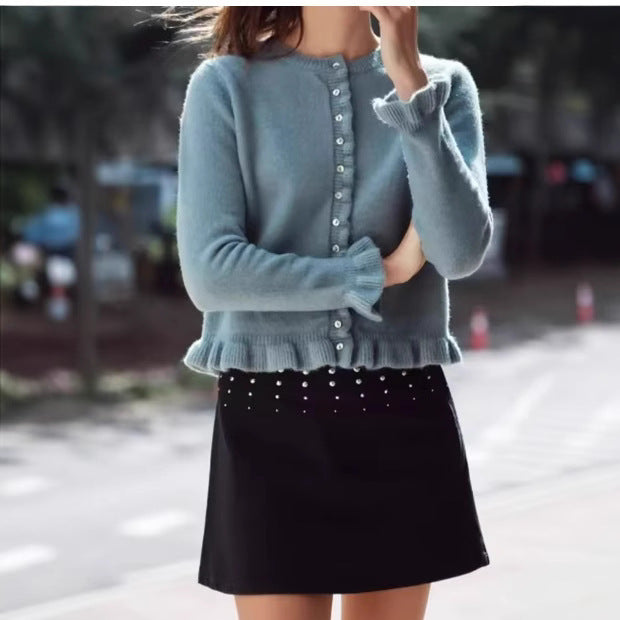 Femme Rüschensaum Knopfleiste Cardigan WW