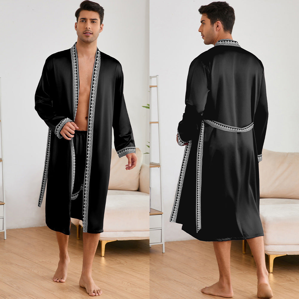 Herren Satin Morgenmantel mit stilvollem Schalkragen und seitlichen Taschen WW
