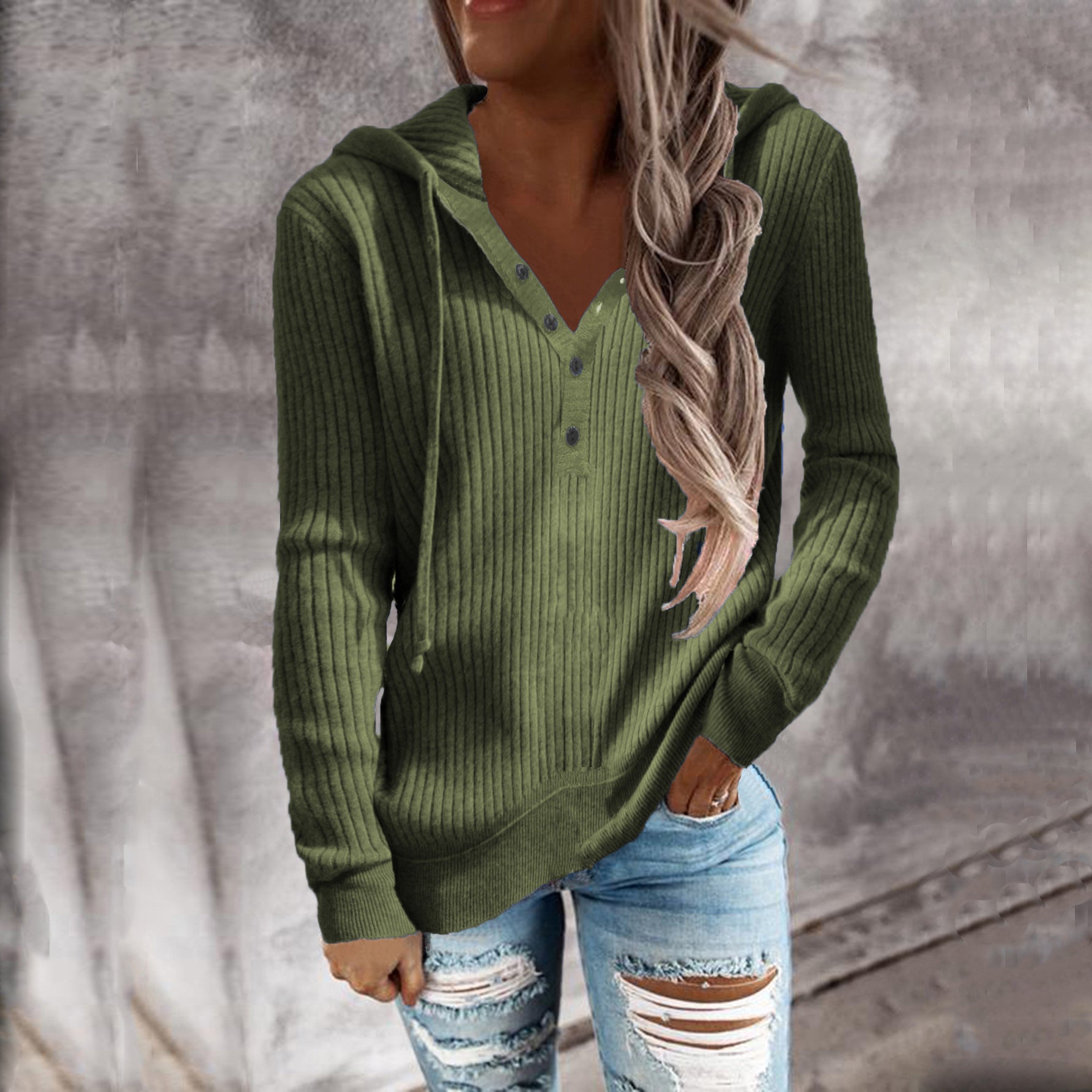 Damen Bequeme gestreifte Kapuzenpullover mit Knopfleiste WW