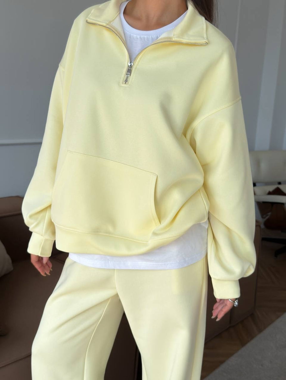 Damen bequemer und stylischer Fleece-Pullover mit halbem Reißverschluss und weiten Hosen WW