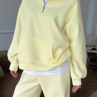 Damen bequemer und stylischer Fleece-Pullover mit halbem Reißverschluss und weiten Hosen WW