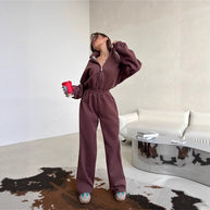 Damen sportliches Fleece-Set mit hohem Kragen und lockeren Hosen WW