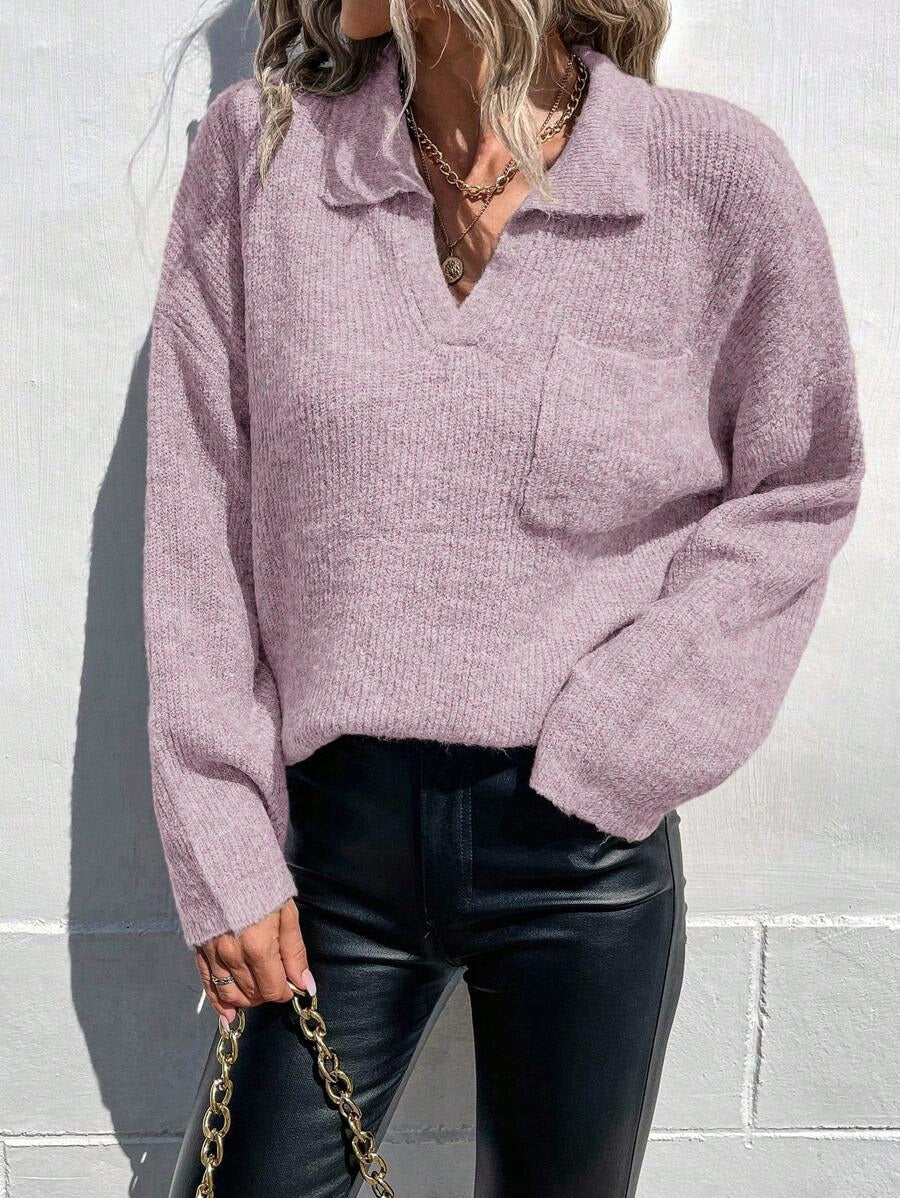 Damen Sportlicher Pullover mit modernem V-Ausschnitt und praktischer Brusttasche WW