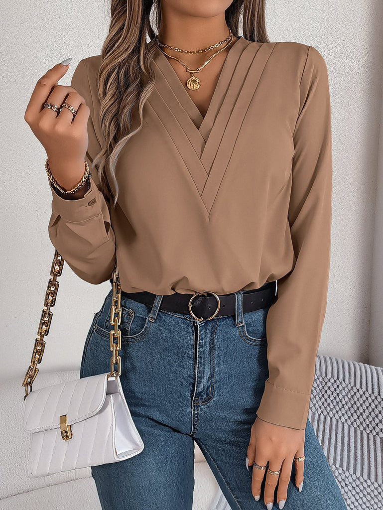 WW | Elegante Plissee Bluse Mit V-ausschnitt Für Damen