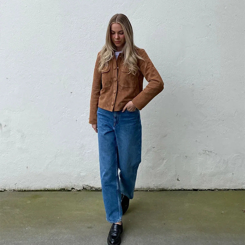 Damen klassische Wildlederjacke mit aufgesetzten Taschen und sportlichem Schnitt W&W Mode