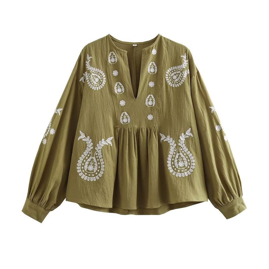 Damen bestickte Bluse mit Balloon-Ärmeln und V-Ausschnitt WW