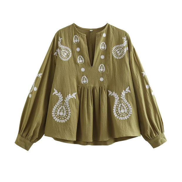 Damen bestickte Bluse mit Balloon-Ärmeln und V-Ausschnitt WW
